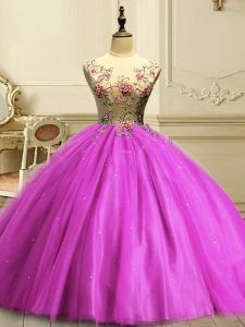 Fuchsia Lace Up Sweet 16 Dresses Appliques and Sequins Sleeveless Floor Length