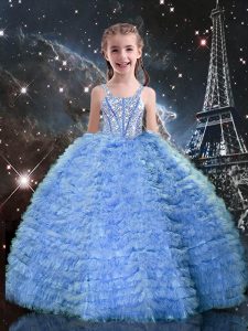 Straps Sleeveless Lace Up Glitz Pageant Dress Baby Blue Tulle