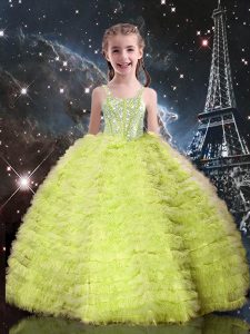 Floor Length Yellow Green Little Girl Pageant Dress Tulle Sleeveless Beading and Ruffled Layers