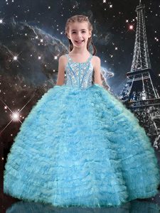 Admirable Floor Length Ball Gowns Sleeveless Aqua Blue Kids Formal Wear Lace Up