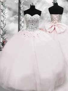 Pink Tulle Lace Up Sweetheart Sleeveless Quinceanera Dress Brush Train Beading and Bowknot