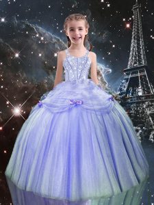 Straps Sleeveless Tulle Pageant Dress for Girls Beading Lace Up