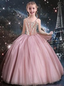 Baby Pink Ball Gowns Beading Little Girl Pageant Dress Lace Up Tulle Sleeveless Floor Length