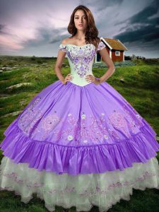 Dramatic Lavender Off The Shoulder Neckline Beading and Embroidery and Ruffled Layers 15 Quinceanera Dress Sleeveless Lace Up