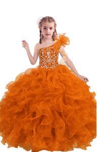 New Style Sleeveless Floor Length Beading and Ruffles Lace Up Pageant Dress Womens with Orange Red