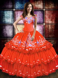 Orange Red Lace Up Vestidos de Quinceanera Embroidery and Ruffled Layers Sleeveless Floor Length