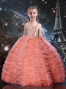 Best Watermelon Red Straps Lace Up Beading and Ruffled Layers Pageant Gowns For Girls Sleeveless