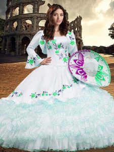 White Organza Lace Up 15th Birthday Dress Long Sleeves Floor Length Embroidery and Ruffled Layers