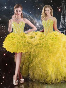 Yellow Organza Lace Up Sweetheart Sleeveless Floor Length Quince Ball Gowns Beading and Ruffles