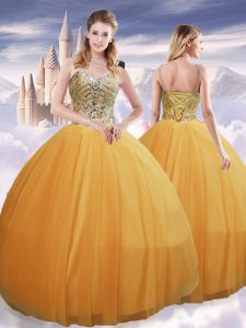 Smart Floor Length Gold Sweet 16 Dress Spaghetti Straps Sleeveless Lace Up