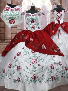 Customized Off The Shoulder Sleeveless Lace Up 15 Quinceanera Dress White And Red Taffeta