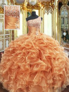 Charming Ball Gowns 15th Birthday Dress Orange One Shoulder Organza Sleeveless Floor Length Lace Up