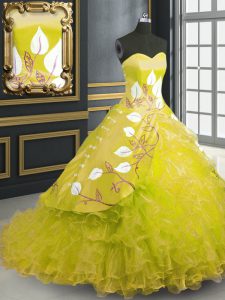 Captivating Yellow Organza Lace Up Sweetheart Sleeveless Sweet 16 Quinceanera Dress Brush Train Embroidery and Ruffles