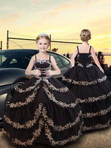 Black Ball Gowns Spaghetti Straps Sleeveless Taffeta Floor Length Lace Up Embroidery and Ruffled Layers Glitz Pageant Dress