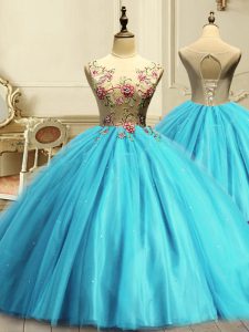 Scoop Sleeveless 15 Quinceanera Dress Floor Length Appliques and Sequins Aqua Blue Tulle