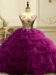 Scoop Sleeveless Organza Quinceanera Gown Appliques and Ruffles and Sequins Lace Up