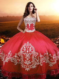 Coral Red Lace Up Strapless Beading and Appliques and Embroidery Quinceanera Gown Taffeta Sleeveless