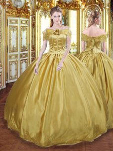 Floor Length Lace Up Quinceanera Dresses Gold for Military Ball and Sweet 16 and Quinceanera with Beading and Appliques and Hand Made Flower