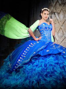 Sleeveless Brush Train Lace Up Embroidery and Ruffles Quinceanera Dress