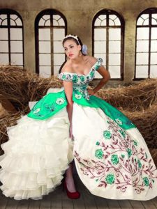 Fancy Taffeta Sleeveless Floor Length Quinceanera Dresses and Embroidery and Ruffled Layers