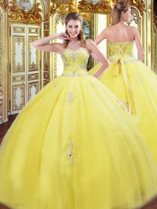 Floor Length Lace Up 15th Birthday Dress Yellow for Military Ball and Sweet 16 and Quinceanera with Beading and Appliques