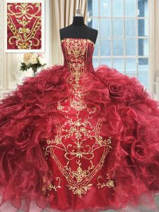 Elegant Sleeveless Floor Length Appliques and Ruffles Lace Up 15 Quinceanera Dress with Wine Red