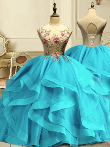 Exceptional Aqua Blue Scoop Neckline Appliques and Ruffles Quinceanera Dress Sleeveless Lace Up