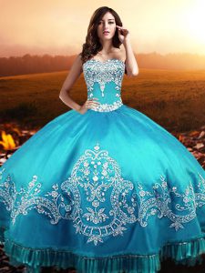 Modest Aqua Blue Ball Gowns Beading and Appliques Ball Gown Prom Dress Lace Up Taffeta Sleeveless Floor Length