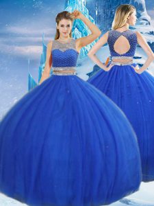 Vintage Royal Blue Ball Gowns Scoop Sleeveless Tulle Asymmetrical Clasp Handle Beading and Sequins Sweet 16 Dresses