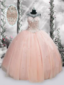 Pink Ball Gowns Beading and Sequins Sweet 16 Quinceanera Dress Lace Up Tulle Sleeveless Floor Length