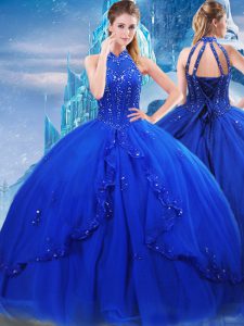 Cheap Royal Blue Lace Up 15th Birthday Dress Beading and Ruffles Sleeveless Brush Train