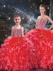 Custom Made Coral Red Sleeveless Floor Length Beading and Ruffles Lace Up Sweet 16 Dresses