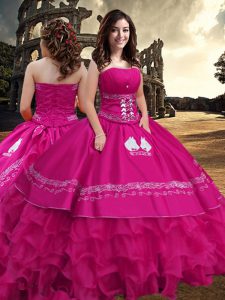 Pretty Hot Pink Sweet 16 Dresses Military Ball and Sweet 16 and Quinceanera with Embroidery and Ruffled Layers Strapless Sleeveless Zipper