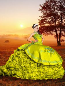 Admirable Yellow Green Lace Up Ball Gown Prom Dress Embroidery and Ruffles Sleeveless Brush Train