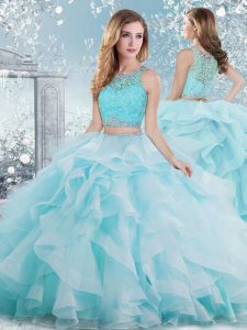 Sophisticated Ball Gowns Quince Ball Gowns Aqua Blue Scoop Organza Sleeveless Floor Length Clasp Handle