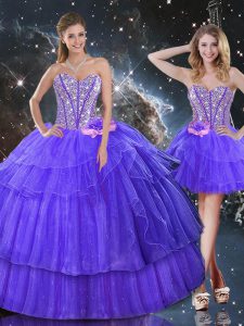 Sweetheart Sleeveless Quinceanera Gowns Floor Length Beading and Ruffled Layers Purple Organza