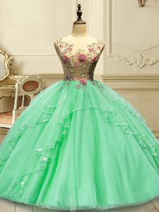 Hot Selling Green Sleeveless Tulle Lace Up Quince Ball Gowns for Military Ball and Sweet 16 and Quinceanera