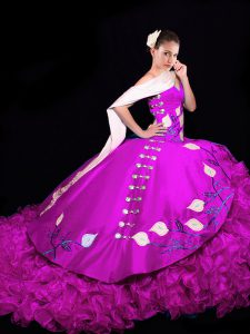 Artistic Fuchsia V-neck Lace Up Embroidery and Ruffles Sweet 16 Dress Brush Train Sleeveless