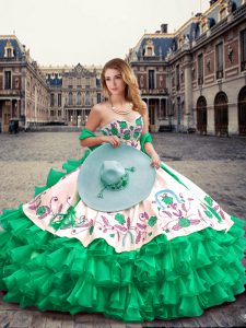 Cheap Green Sleeveless Floor Length Embroidery and Ruffled Layers Lace Up 15 Quinceanera Dress