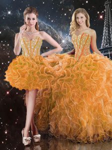 Orange Ball Gowns Sweetheart Sleeveless Organza Floor Length Lace Up Beading and Ruffles 15th Birthday Dress