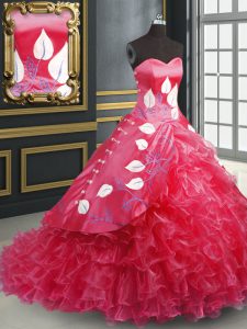 Adorable Coral Red Sweet 16 Dress Organza Brush Train Sleeveless Embroidery and Ruffled Layers