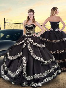 Black Ball Gowns Embroidery and Ruffled Layers Quinceanera Gown Lace Up Taffeta Sleeveless Floor Length