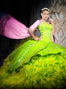 Glorious Yellow Green Organza Lace Up Sweetheart Sleeveless Sweet 16 Quinceanera Dress Brush Train Embroidery and Ruffles