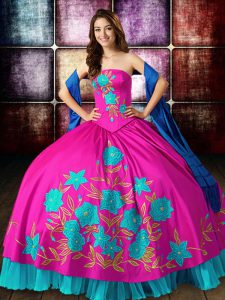 Strapless Sleeveless Quinceanera Gowns Floor Length Embroidery Multi-color Satin