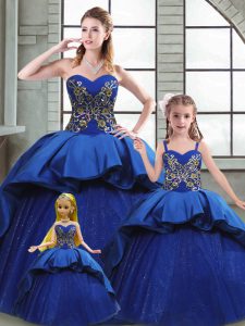 Graceful Blue Lace Up Sweetheart Beading and Appliques and Embroidery Quinceanera Gowns Taffeta Sleeveless Court Train