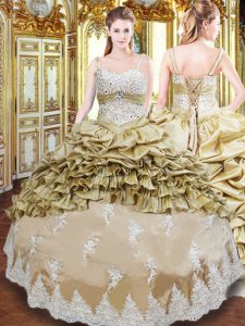 Graceful Floor Length Champagne Quinceanera Gowns Taffeta Sleeveless Beading and Appliques and Ruffled Layers and Pick Ups