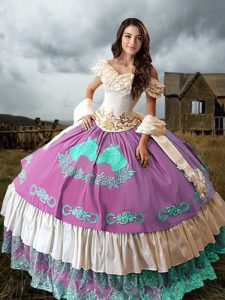 Off The Shoulder Sleeveless Quinceanera Dress Brush Train Embroidery and Ruffled Layers Multi-color Taffeta