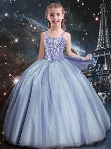 Lovely Light Blue Tulle Lace Up Pageant Dress Wholesale Sleeveless Floor Length Beading