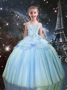 Cheap Floor Length Light Blue Pageant Dress Wholesale Straps Sleeveless Lace Up