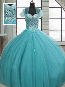 Traditional Aqua Blue Lace Up Sweetheart Beading and Sequins Vestidos de Quinceanera Tulle Sleeveless